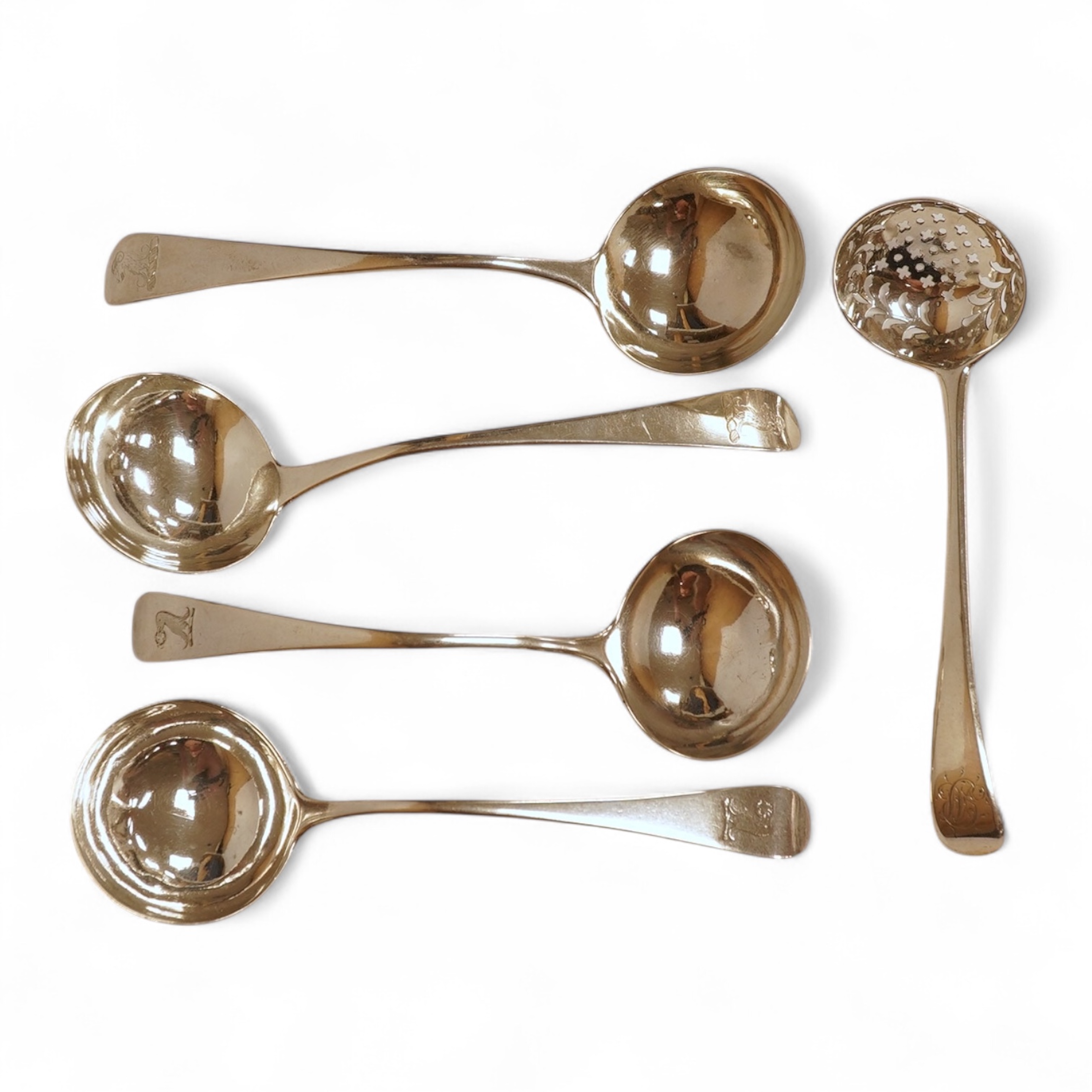 Two pairs of George III silver Old English pattern sauce ladles, Robert Sallam, London, circa 1770, 16.6cm and William Sumner I, London, 1788, together with a George III silver sifter spoon, by Eley & Fearn, London, 1796